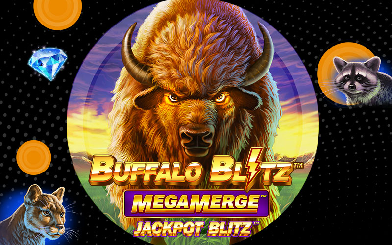 May 2023 Slot game machine online casino gambling gaming Buffalo Blitz Mega Merge Jackpot Blitz animal graphic design