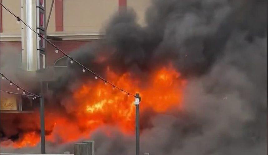 Flames and plumes of smoke at Resorts Casino Hotel